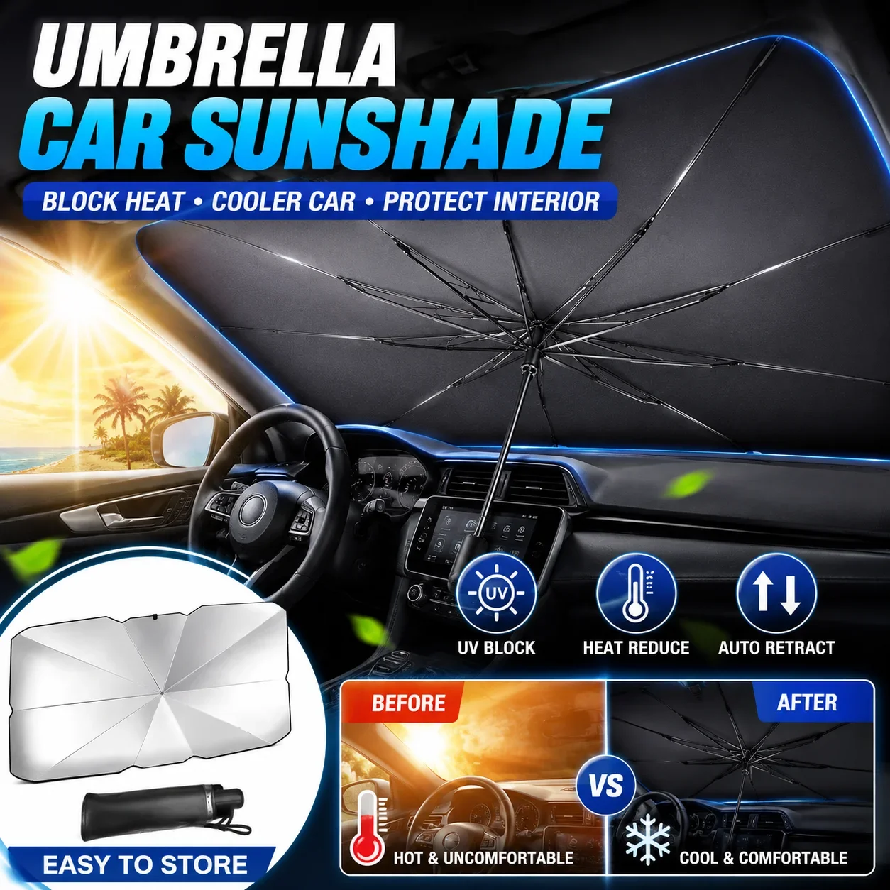 Car Sunshade Windshield Umbrella Foldable - Składany parasol samochodowy, osłona przeciwsłoneczna na